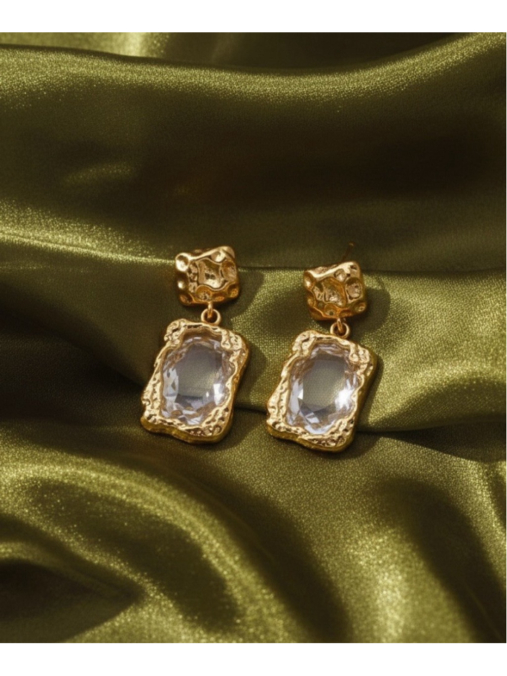 Gold Earrings Hammered Crystal Clear Molten Stud VTG Artisan Modern Rectangle CZ